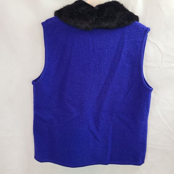 NWT Lisa Int. Women (L) Blue Boiled Wool Vest w/Faux Fur Collar-HAS ISSUES - Picture 8 of 16